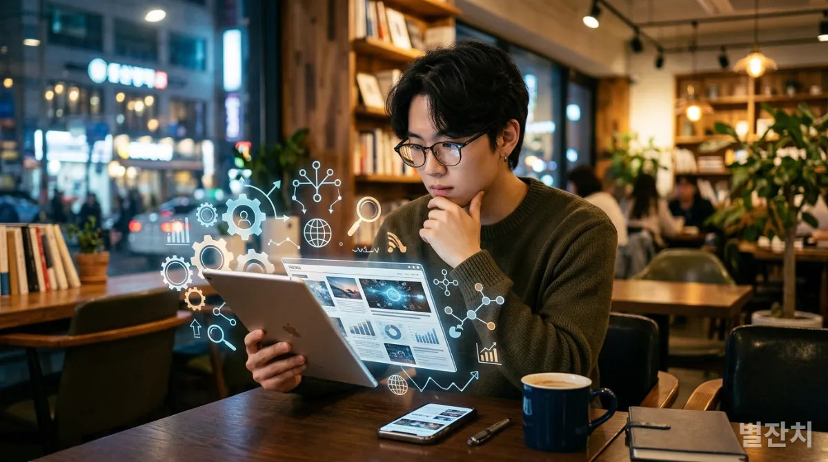 태블릿과 스마트폰으로 다양한 뉴스 출처를 비판적으로 분석하는 젊은 한국인