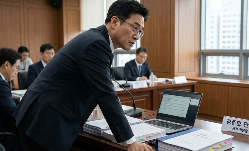 심사위원이 노트북과 평가표를 보며 집중해서 서류를 검토