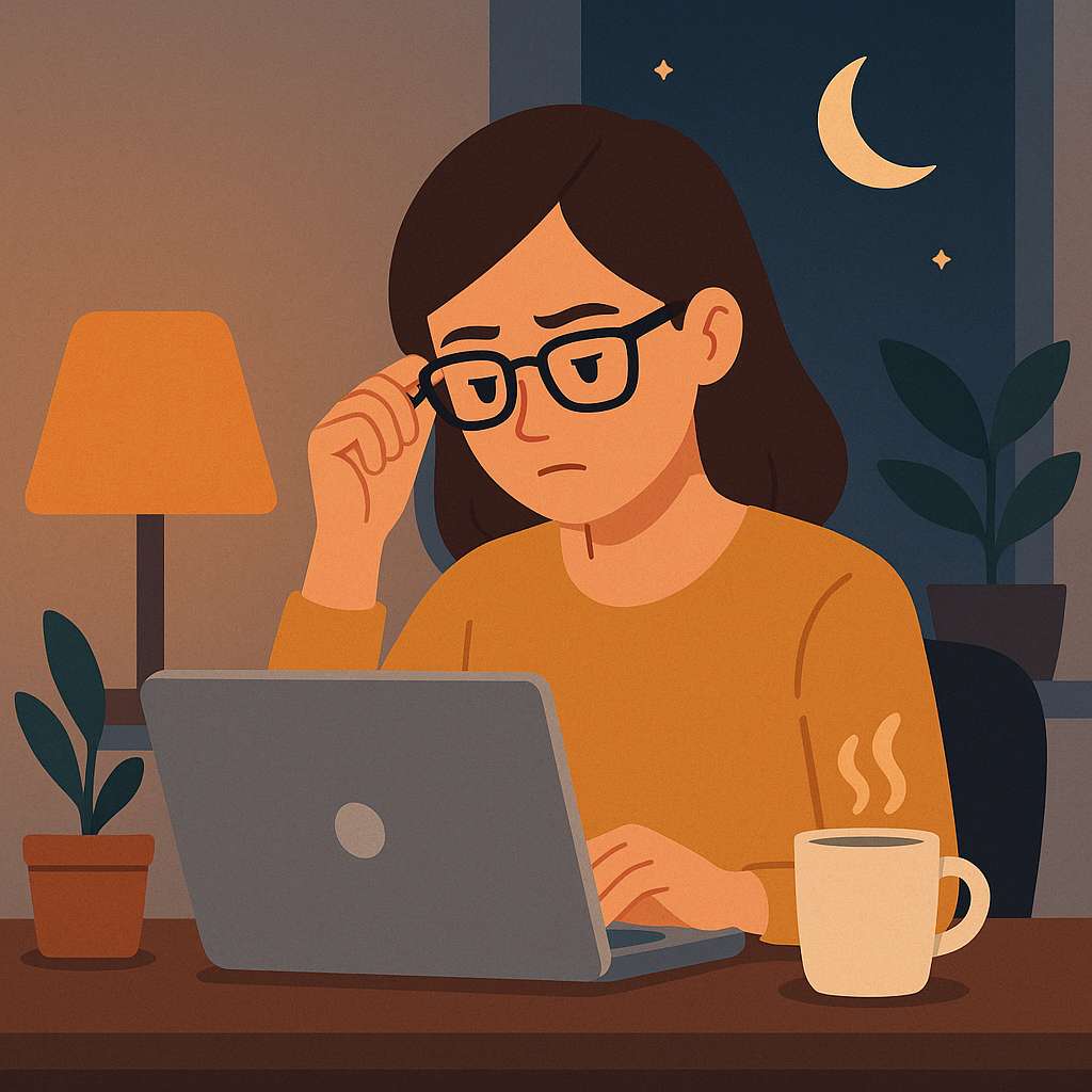 밤늦게 노트북 화면을 보며 눈의 피로를 느끼는 현대인의 모습