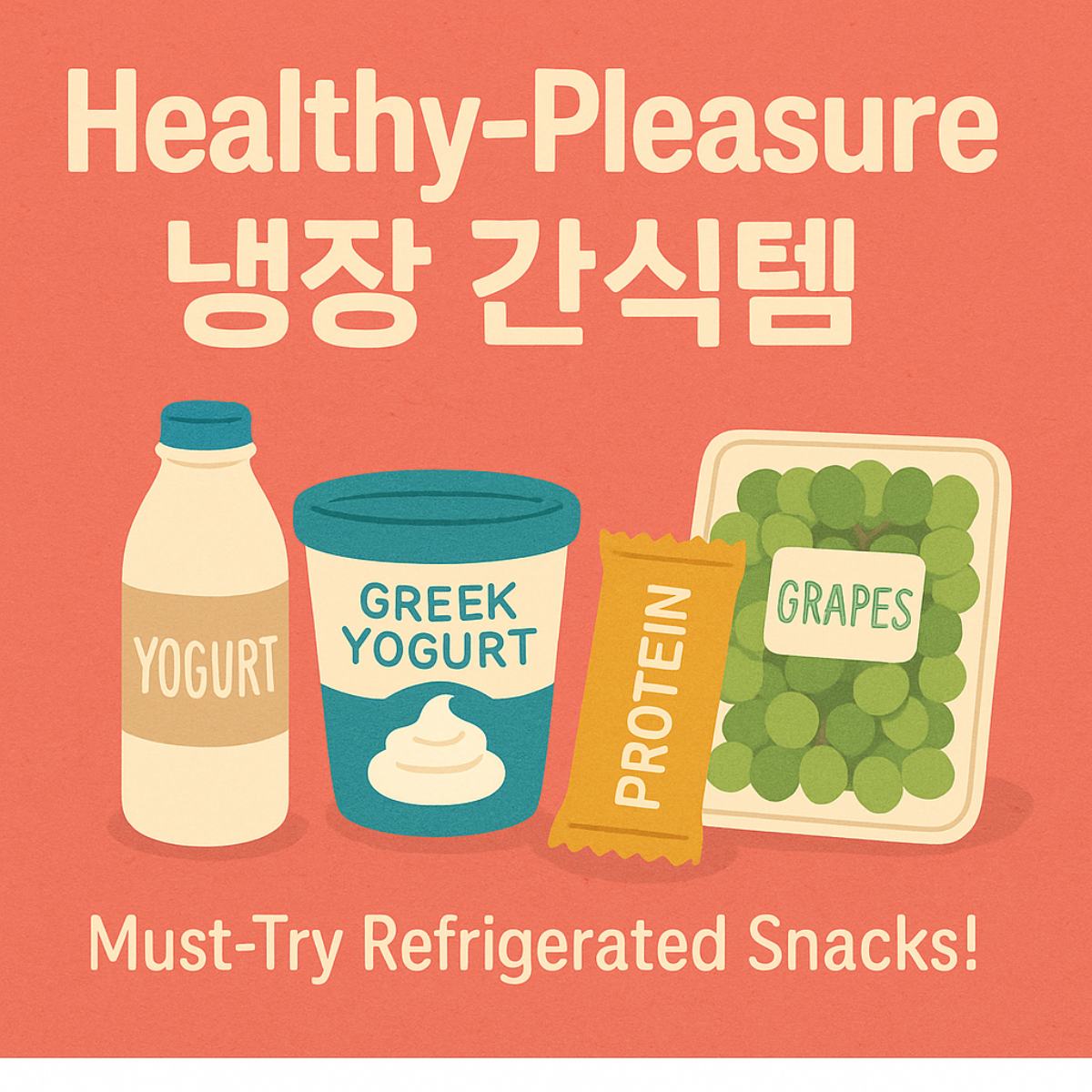 Healthy-Pleasure 냉장 간식템 추천을 주제로 한 여름 무드의 감성 썸네일 이미지 &ndash; 요거트, 그릭요거트, 프로틴바, 포도 간식이 귀엽게 배치된 디자인