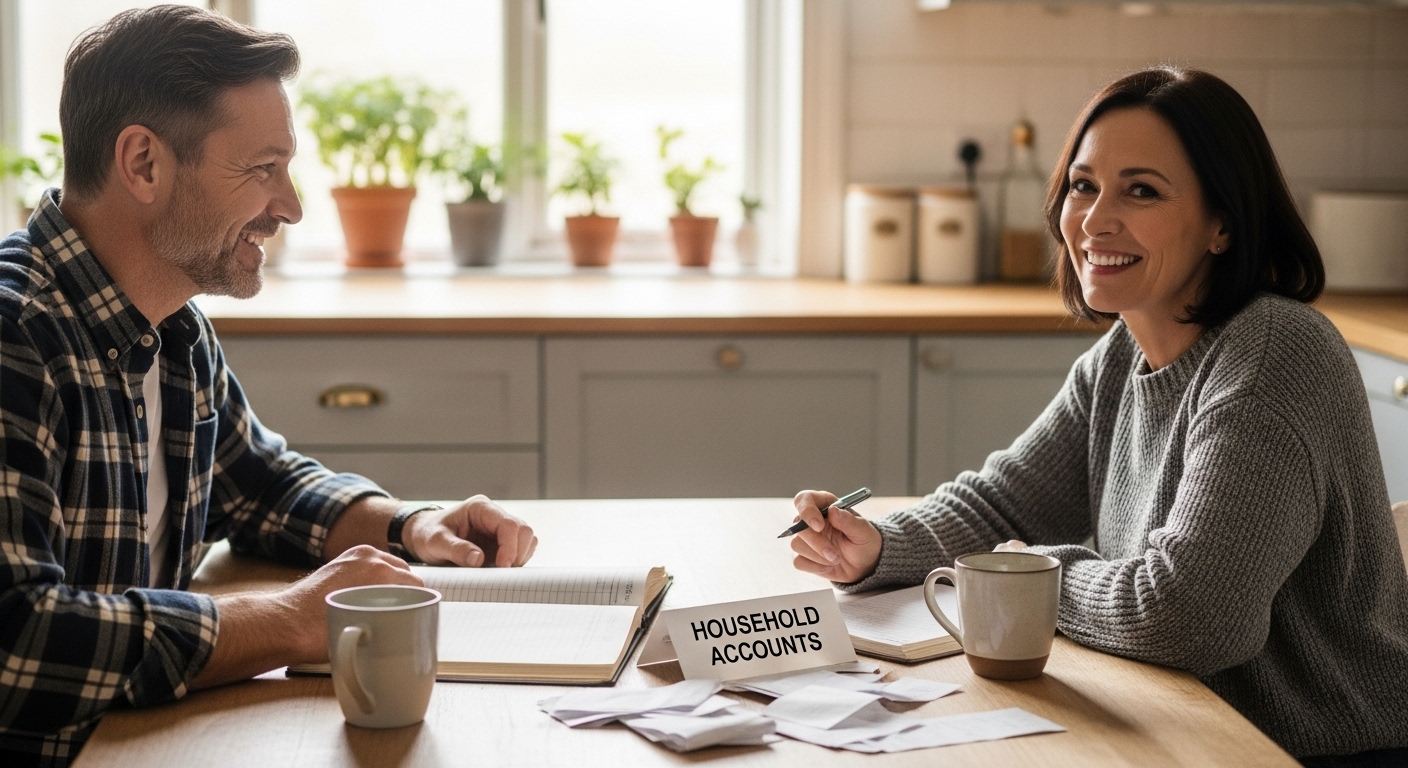 중년의 부부가 가계부를 보며 미소 짓고, 커피를 마시는 여유로운 모습