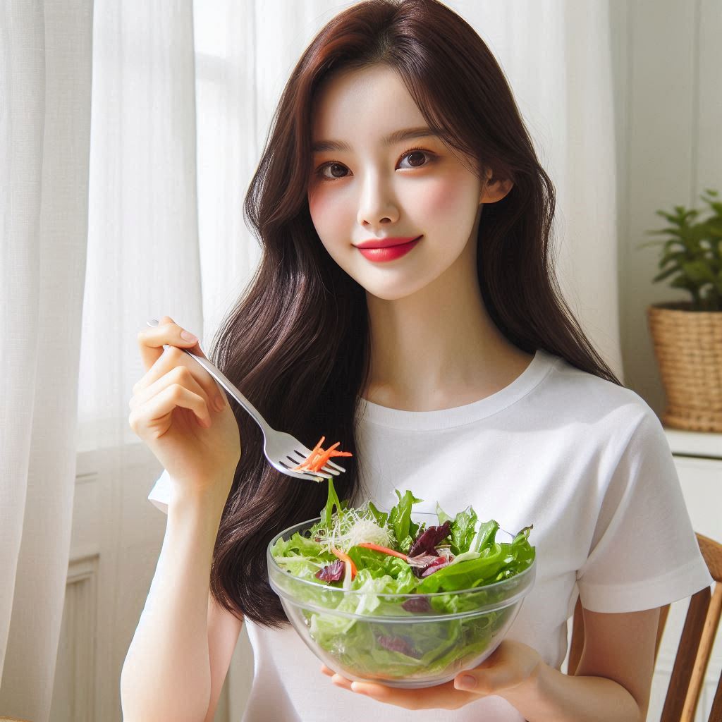 여드름 예방을 위해 샐러드를 먹고 있는 사람