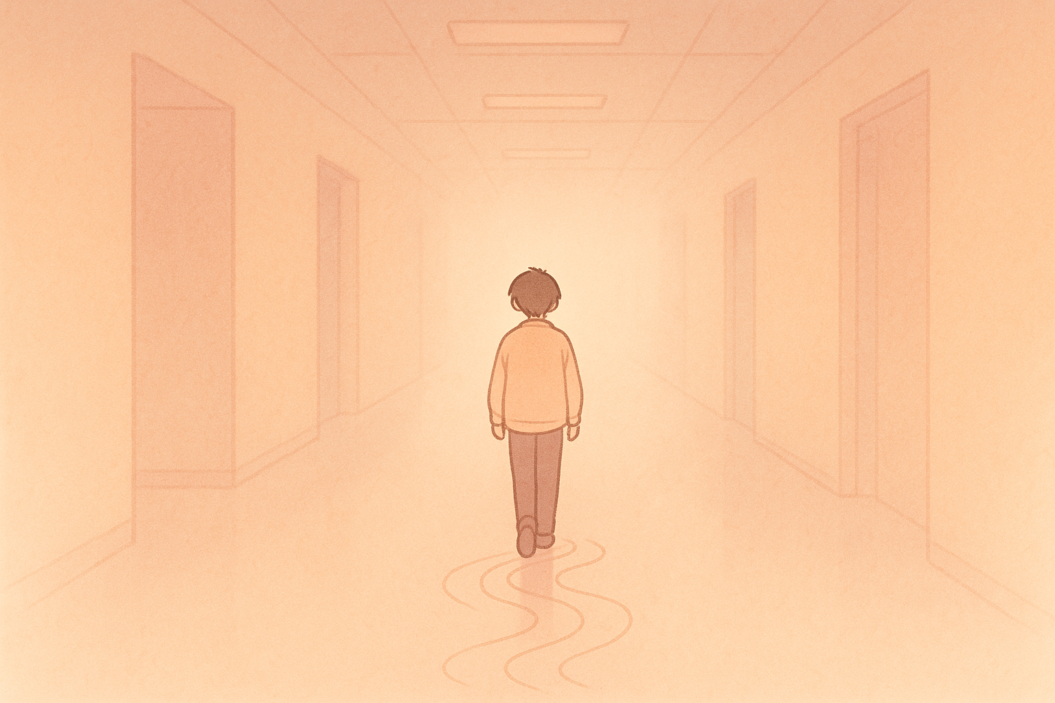 작은 울림이 남긴 것 참조 일러스트, 복도를 걸어 가는 사람 뒷모습