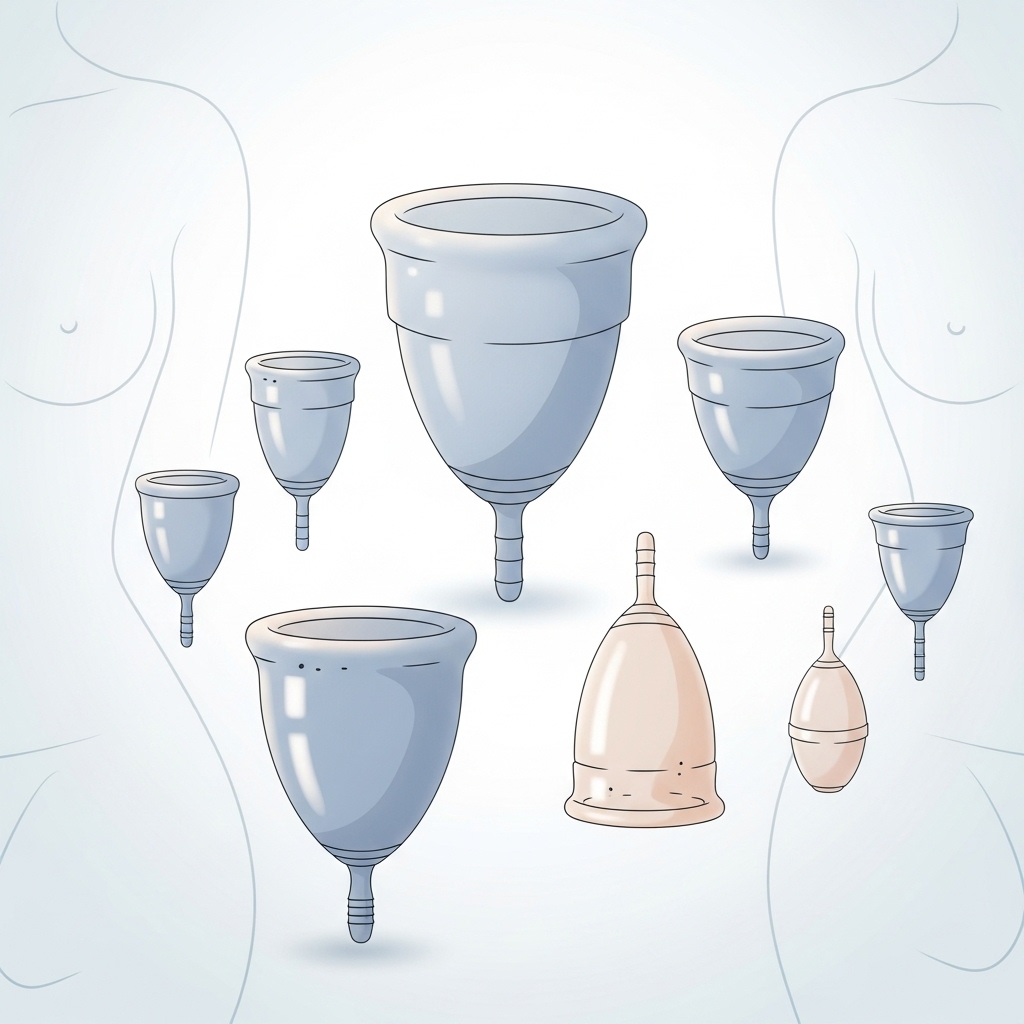 다양한 크기와 모양의 생리컵이 배열되어 있는 모습. 개인에게 맞는 생리컵 사이즈 선택의 중요성을 시각적으로 보여주는 이미지.