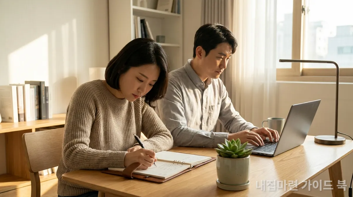 집 책상에서 가계부를 작성하고 예산을 검토하는 한국인 젊은 부부