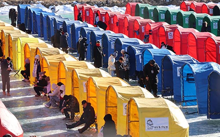 평창 송어낚시 텐트낚시를 즐기는 사람들의 모습