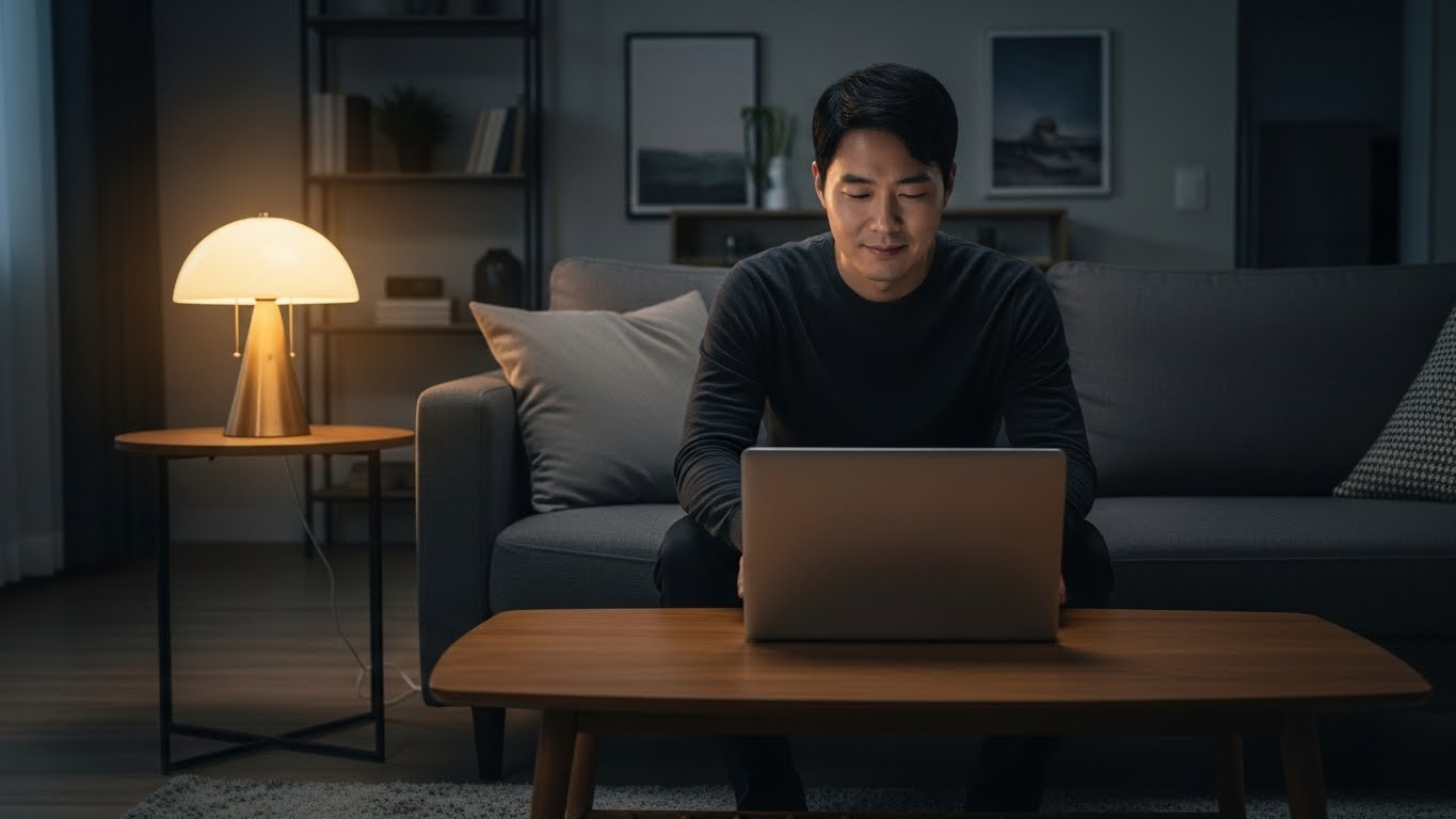 하루 업무를 마치고 주체적으로 셧다운 리추얼을 시작하는 한국인 남성의 모습