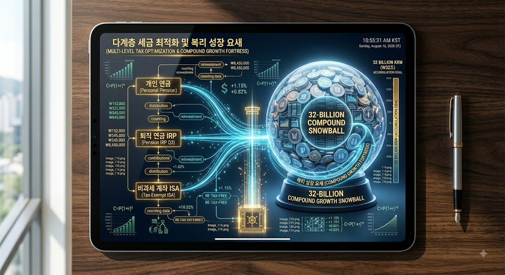 세련된 서재 테이블 위 태블릿 화면에 선명하게 정렬된 연금저축 600만·IRP 300만·ISA 절세 3총사 및 자녀 2,000만 원 증여 32억 복리 아키텍처 구조도