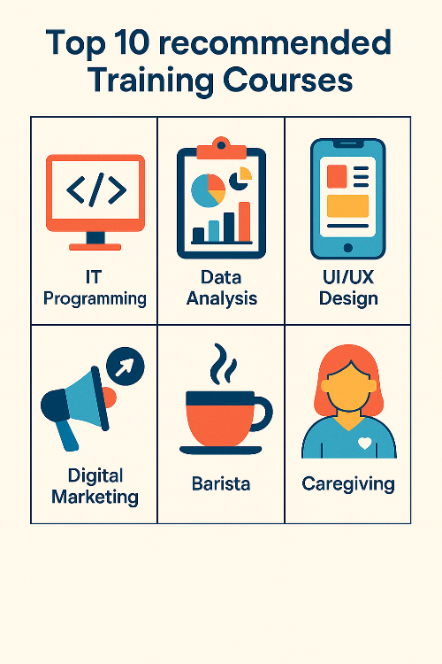 IT 프로그래밍, 데이터 분석, UIUX 디자인, 디지털 마케팅, 바리스타, 돌봄 등 국민내일배움카드로 수강할 수 있는 인기 추천 과정 10가지를 제시한 인포그래픽 자료