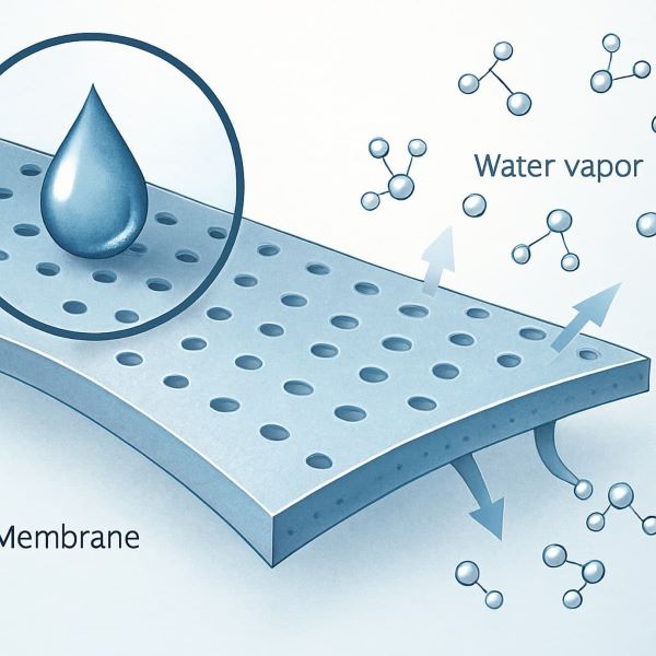 방수 멤브레인의 미세 구조와 수분은 통과시키고 물방울은 막는 선택적 투과 과정을 설명하는 일러스트