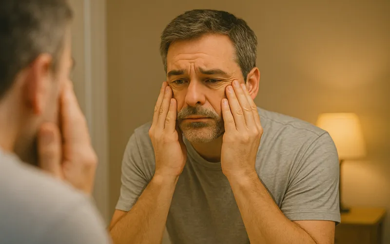 간 기능 저하로 피로감을 느끼며 얼굴빛을 살펴보는 40대 남성