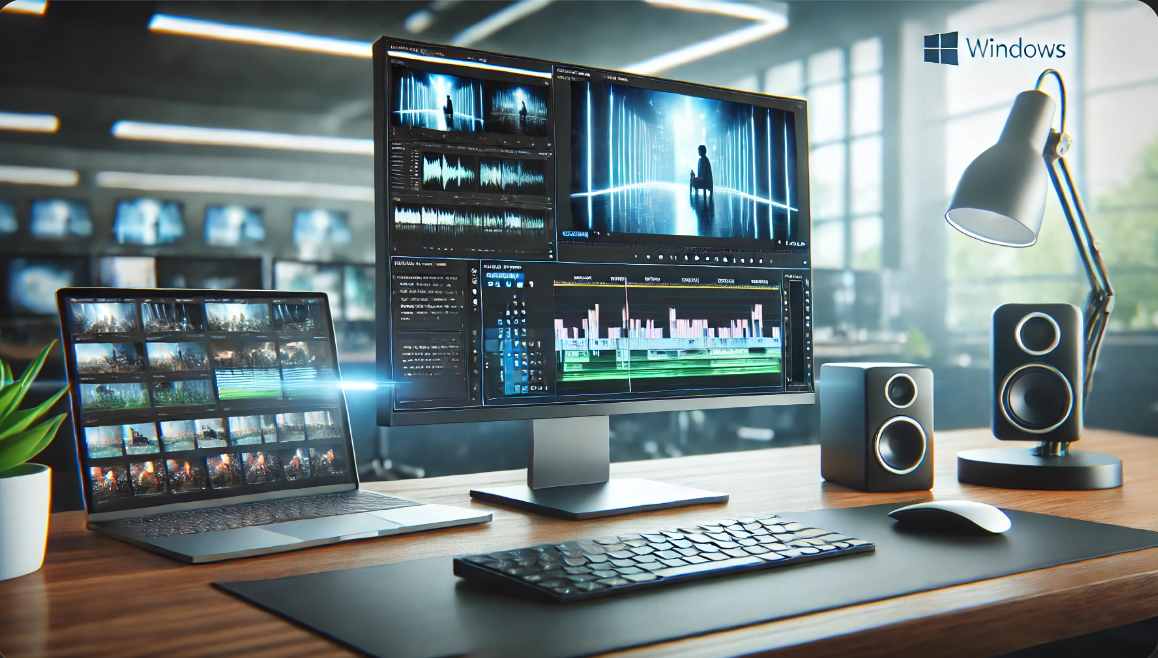 윈도우 11 비디오 편집 소프트웨어가 표시된 큰 모니터가 있는 현대적인 멀티미디어 편집 작업 공간