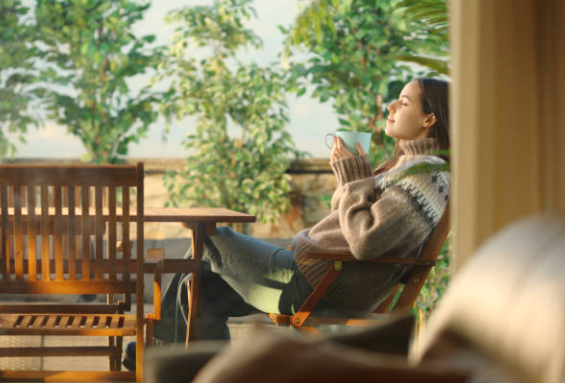 아침에 루틴대로 의자에 앉아서 차를 한잔 마시는 여성 모습의 사진