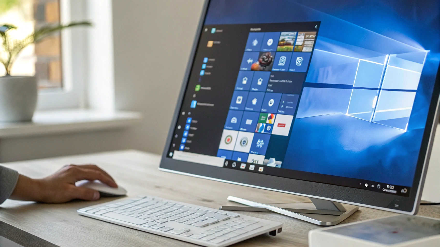 사진에는 현대적인 디자인의 올인원(All-in-One) 데스크탑 컴퓨터가 나와 있습니다. 화면에는 Windows 10 운영체제의 시작 메뉴가 열려 있으며, 사용자는 흰색 무선 마우스를 사용 중입니다. 컴퓨터는 흰색 무선 키보드와 함께 나무 책상 위에 놓여 있고, 창가에는 화분이 배치되어 있습니다. 전체적으로 깔끔하고 미니멀한 작업 공간이 연출되어 있습니다.
