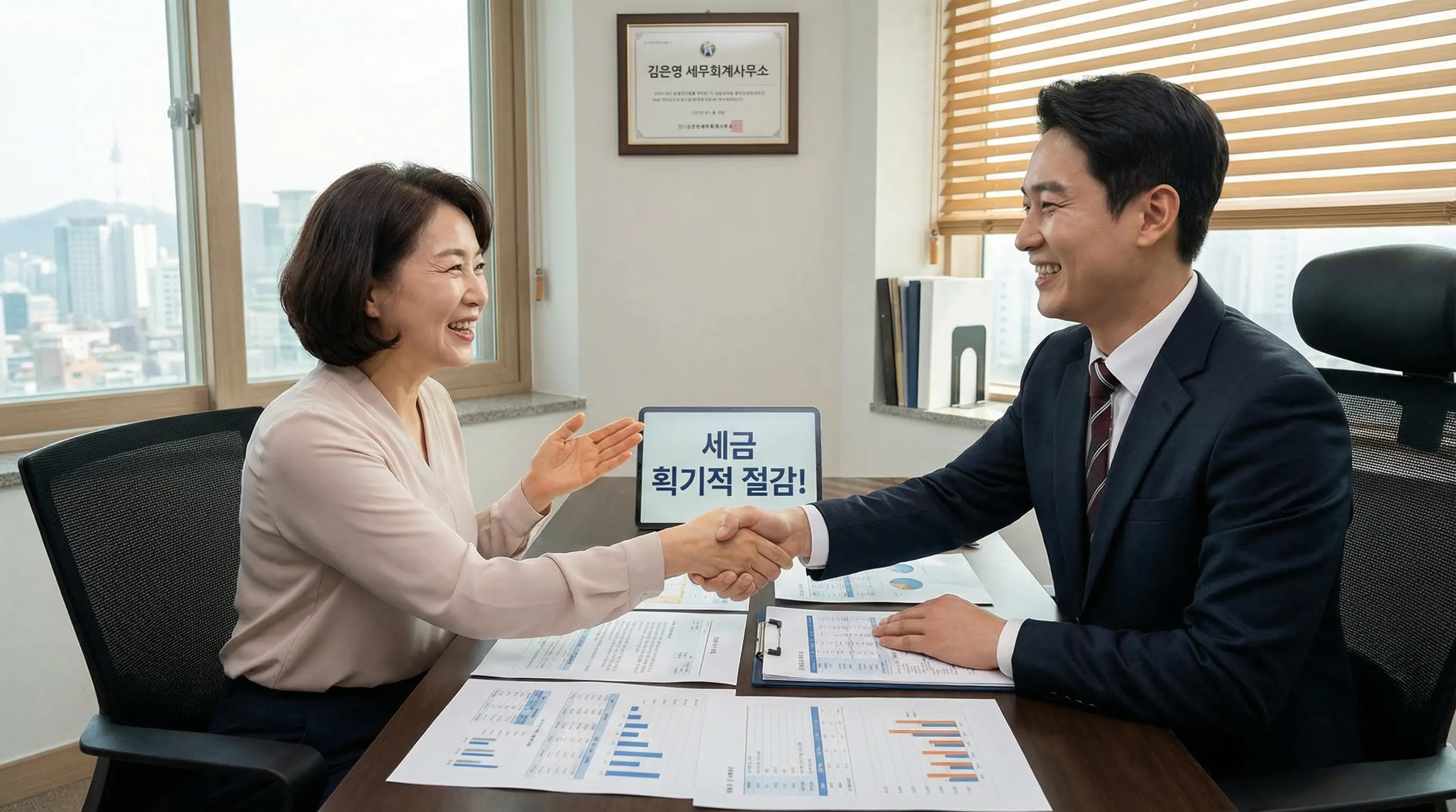 전문 세무사와 상담하여 세금을 획기적으로 줄이고 만족해하는 납세자의 모습