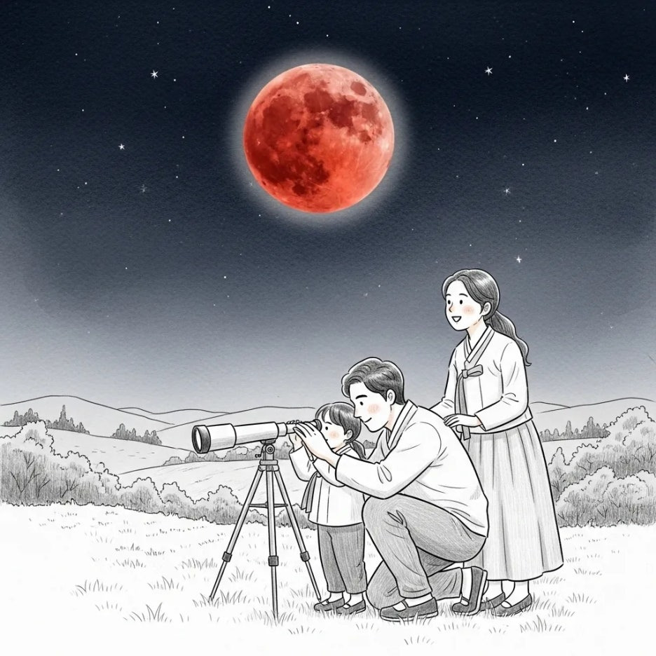 가족이 망원경으로 달을 관측하는 풍경