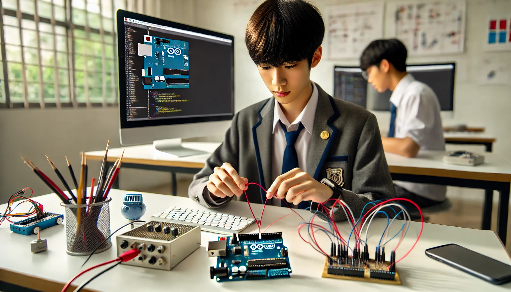 코딩 화면과 회로도를 동시에 다루며 설계 중인 고등학생의 모습