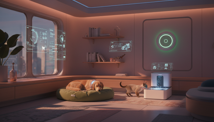 2026년 미래형 거실에서 스마트 건강 관리 기기를 착용한 강아지와 고양이가 편안하게 쉬고 있는 모습