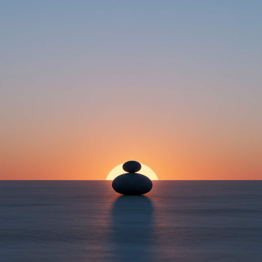 고요한 새벽을 배경으로 평평한 표면 위에 돌 하나가 안정적으로 놓여 있는 모습. 몸의 기초 상태를 보여주는 공복혈당을 상징.
