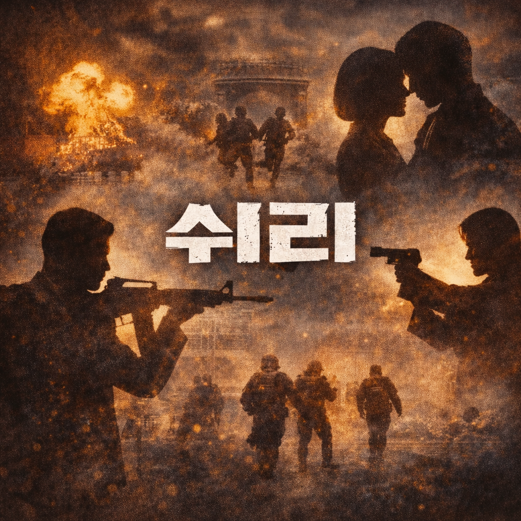 쉬리 영화 주요 장면 혼합 이미지. 영화제목이 중앙에 삽입되어 있음.