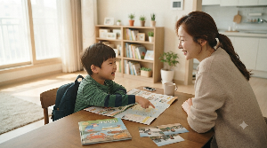 체험학습을 마친 뒤 부모와 아이가 경험을 이야기하며 대화하는 모습