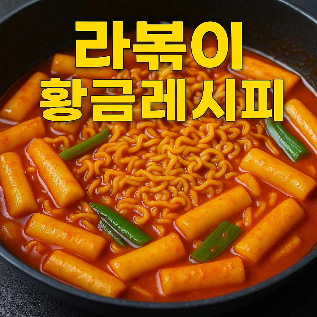 라볶이 황금레시피 썸네일 - 매콤달콤한 라볶이 - 라볶이 위에 라볶이 활금레시피라고 노랑글씨로 적힘