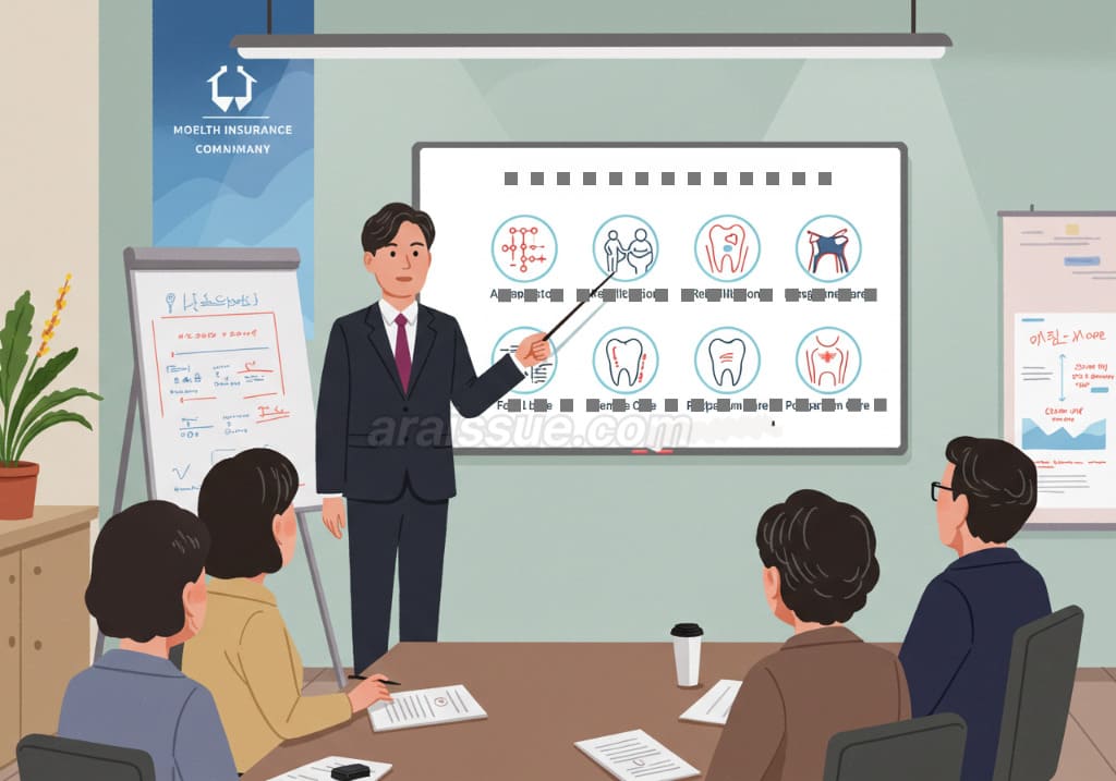 실손보험 보험금 지급 투명성을 설명하는 보험회사 직원과 이를 듣고 있는 한국 중년 남성 및 여성. 보험금 지급 내역을 확인할 수 있는 화면을 보여주는 장면입니다.