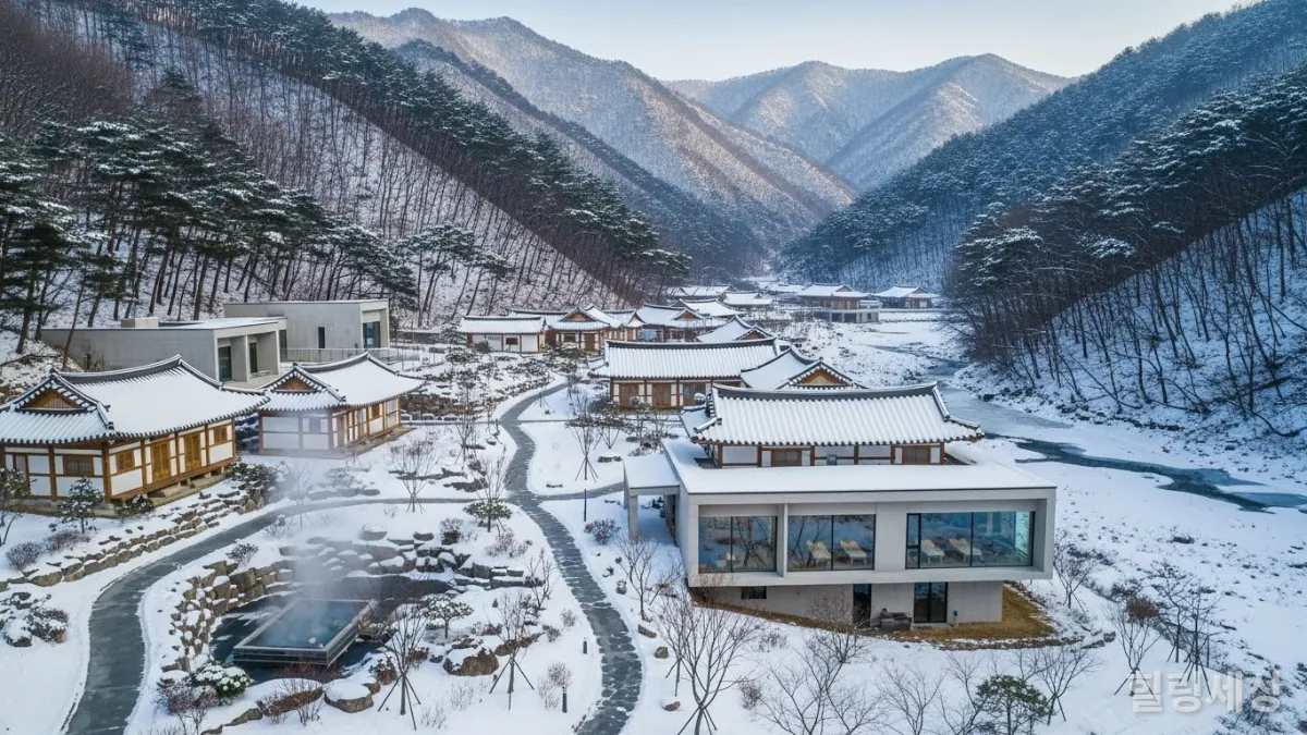 눈 덮인 산골짜기에 자리한 국내 힐링 리조트와 한옥 마을의 항공 전경