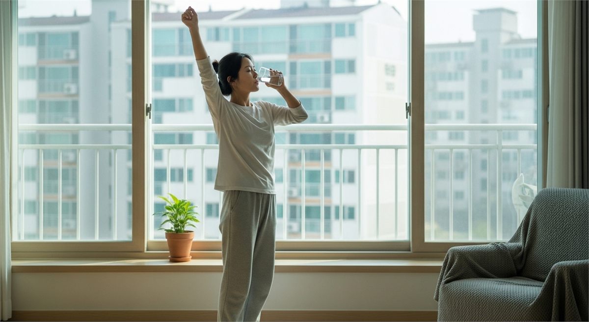 물을 마시고 가볍게 몸을 푸는 한국인 여성의 회복 장면
