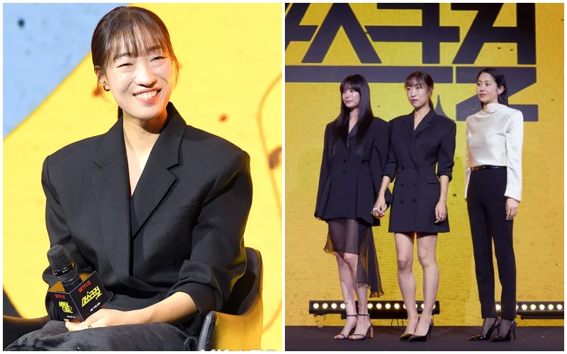 마스크걸 제작발표회에서 인터뷰하고 있는 배우 이한별