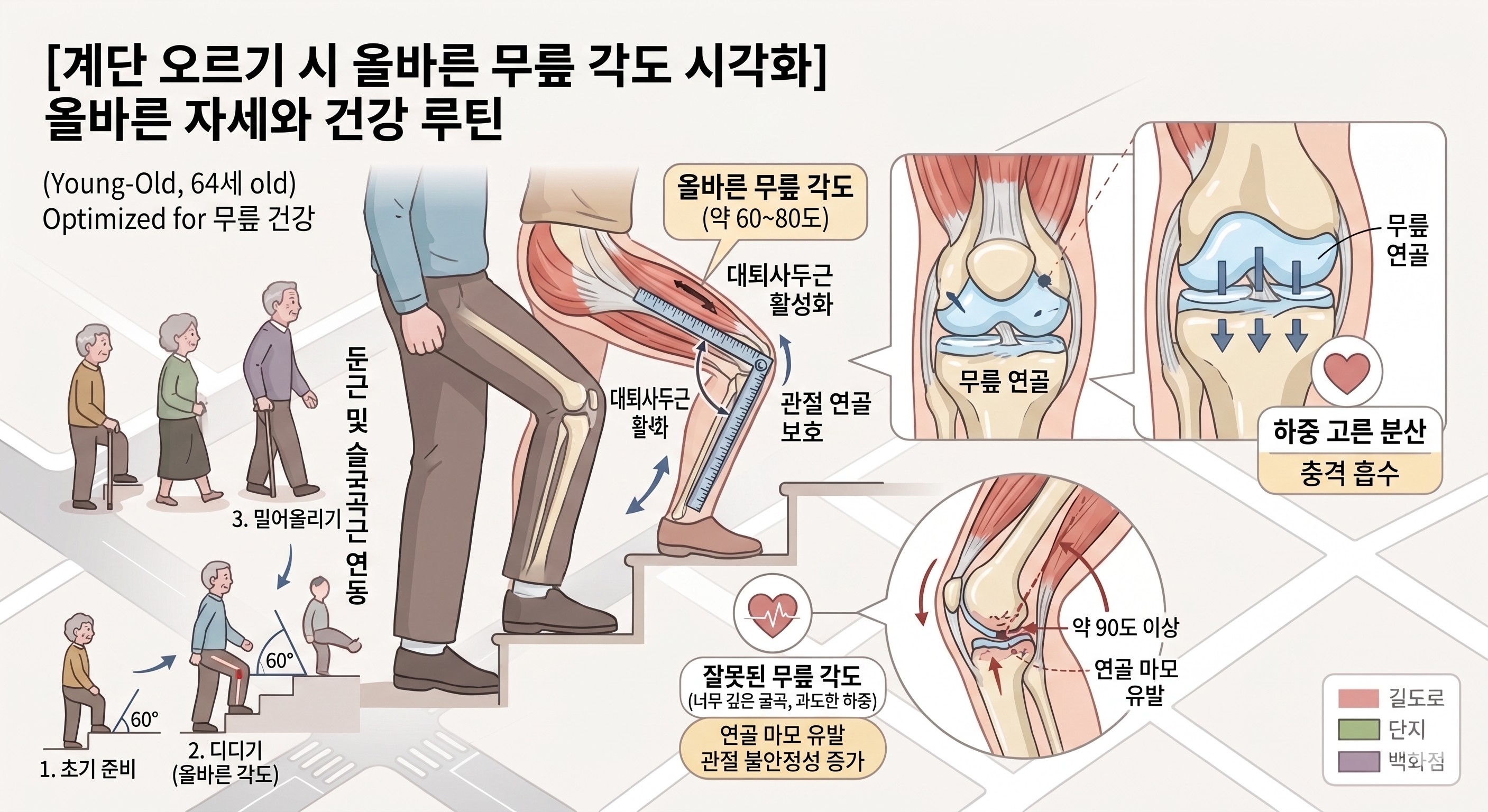 계단 오르기 시 잘못된 자세로 연골 마모유발을 방지하기 위한 올바른 자세 이미지
이미지출처: Gemini AI 출처