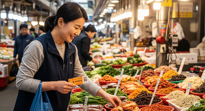 전통시장에서 민생회복 소비쿠폰으로 장을 보는 주부