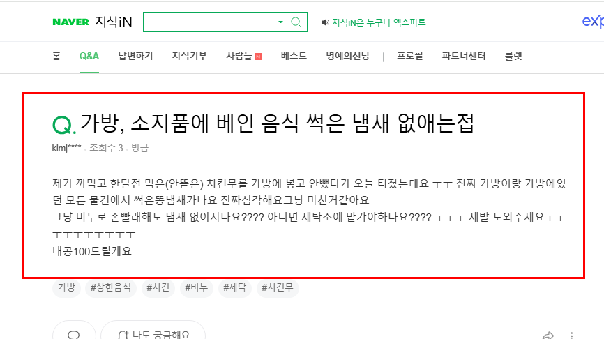 가방 소지품에 베인 음식 냄새 제거 고민 지식인