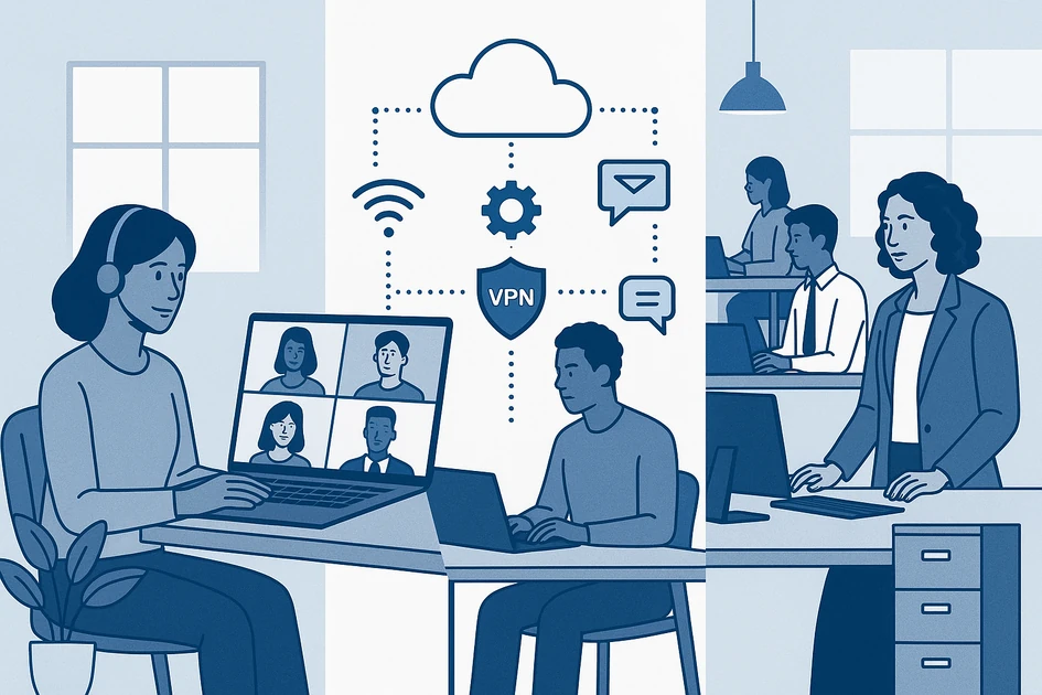 스마트워크 하이브리드 근무 환경 일러스트 - 재택근무, 원격근무, 협업툴을 활용한 유연한 업무 방식