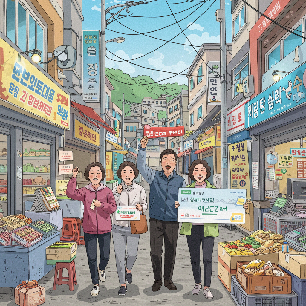 상생페이백 환급을 받고 기뻐하는 소상공인과 소비자