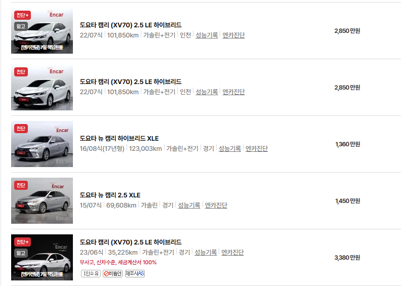 도요타 캠리 중고차 가격 시세표 연비