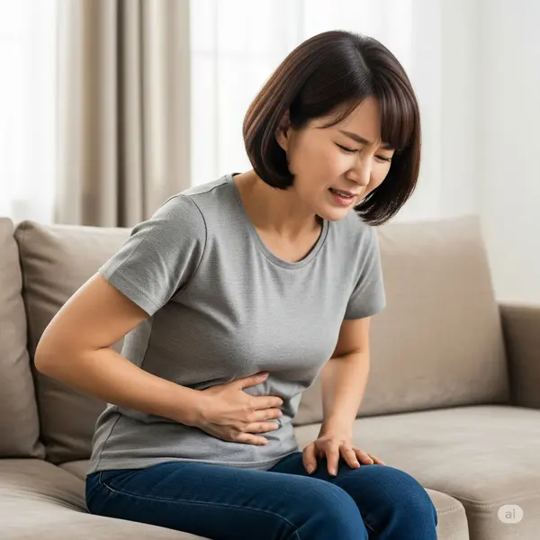 소파에 앉아 위 통증으로 인상을 찌푸리고 있는 40대 한국 여성의 모습, 맵짠 음식 섭취 후 발생할 수 있는 위장 불편함을 시사