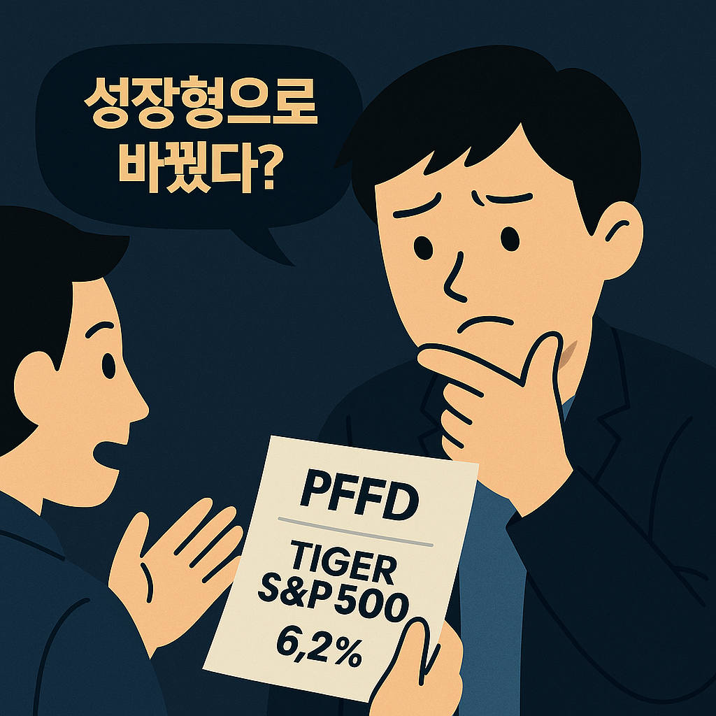 "서로 다른 ETF 투자 전략을 이야기하는 두 명의 한국인 직장인 남성이 테이블에 마주 앉아 진지하게 대화하는 모습의 디지털 일러스트 &ndash; 한 명은 배당 ETF를, 다른 한 명은 성장형 ETF를 고려하는 상황을 표현함"