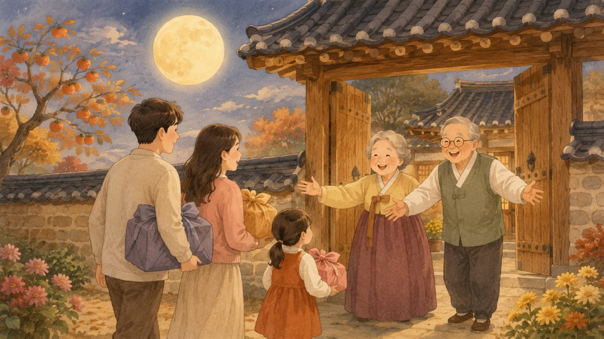 추석명절에 선물을 들고 조부모님을 찾아뵙는 모습