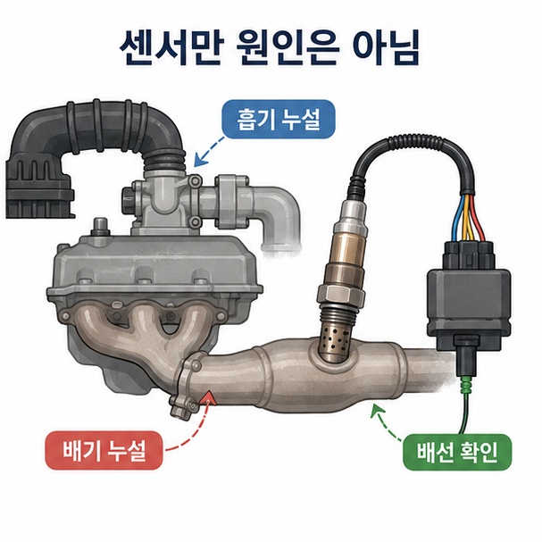 산소센서 관련 고장코드가 흡기와 배기 누설, 배선 문제 등 다른 원인으로도 나타날 수 있음을 보여주는 그림