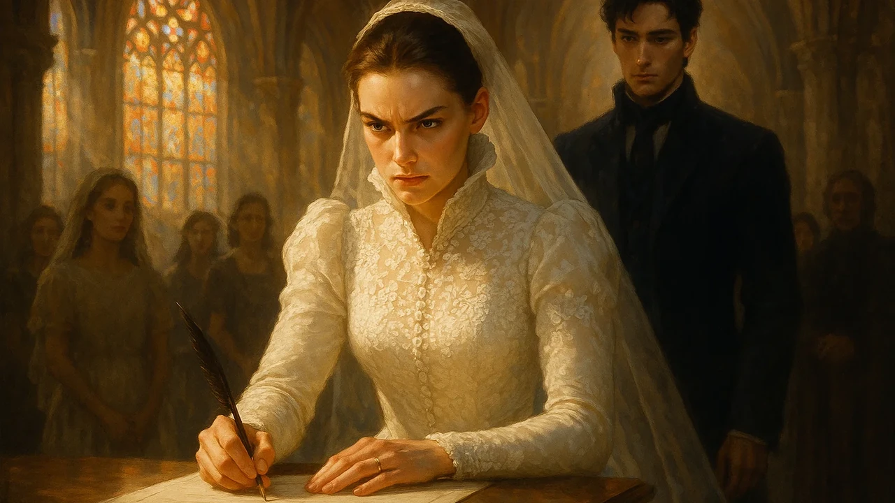 아름다운 드레스를 입은 주인공 이네스가 단호한 표정으로 결혼 서약서에 서명하고, 그 뒤로 애틋한 눈빛의 남주인공 카셀이 그녀를 바라보는 대비적인 모습의 이미지