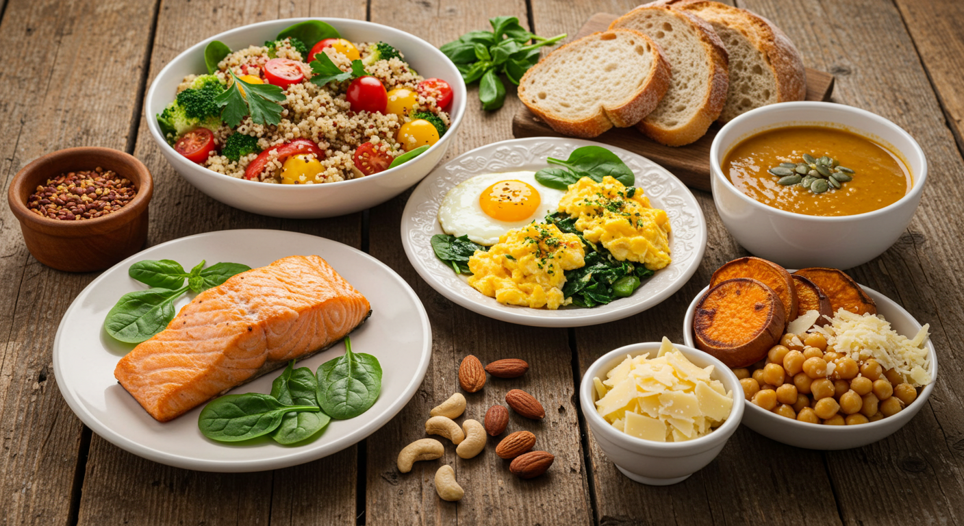 동물성 단백질 식품과 식물성 단백질 식품이 균형 있게 놓인 식단 이미지