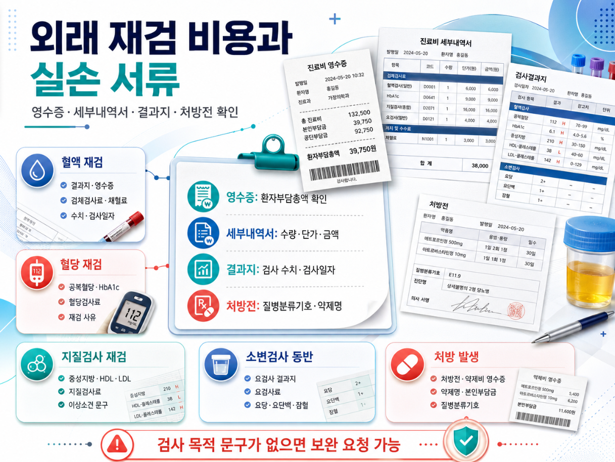 외래 재검 비용과 실손 청구 서류 확인 기준을 영수증 세부내역서 결과지 처방전 중심으로 정리한 인포그래픽