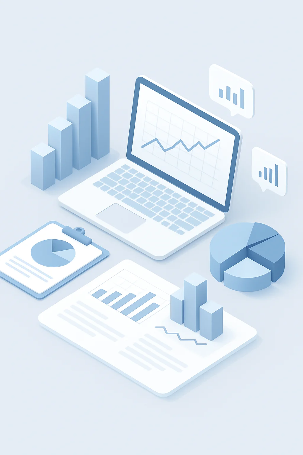 비즈니스 데이터 분석을 주제로 한 모던한 3D 인포그래픽, 아이소메트릭 시점, 프레젠테이션 배경에 적합한 깔끔한 스타일, 부드러운 파란색 톤