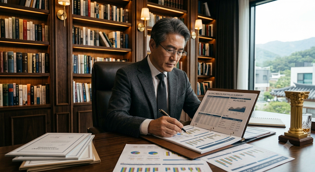 깔끔한 오피스 서재 테이블 위에서 마스터 원장 보고서의 토털 비용 지표와 환노출 우상향 곡선을 분석하는 자산가
