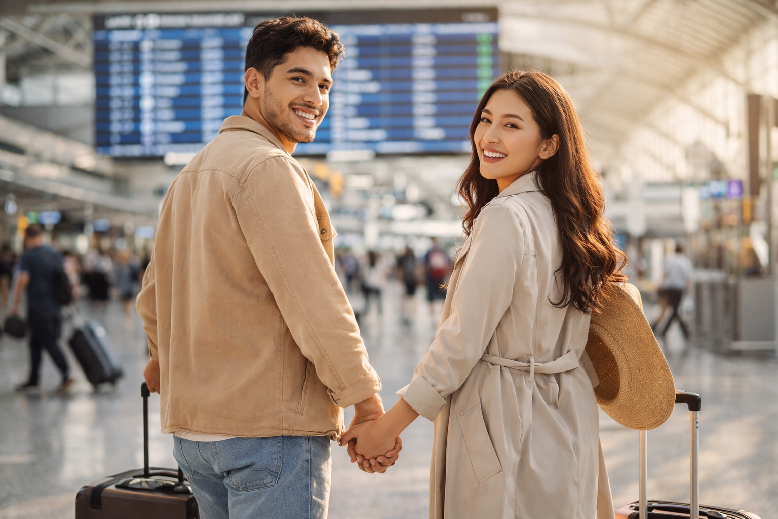 신혼여행 완벽 가이드 신혼여행가는 커플 공항 이미지