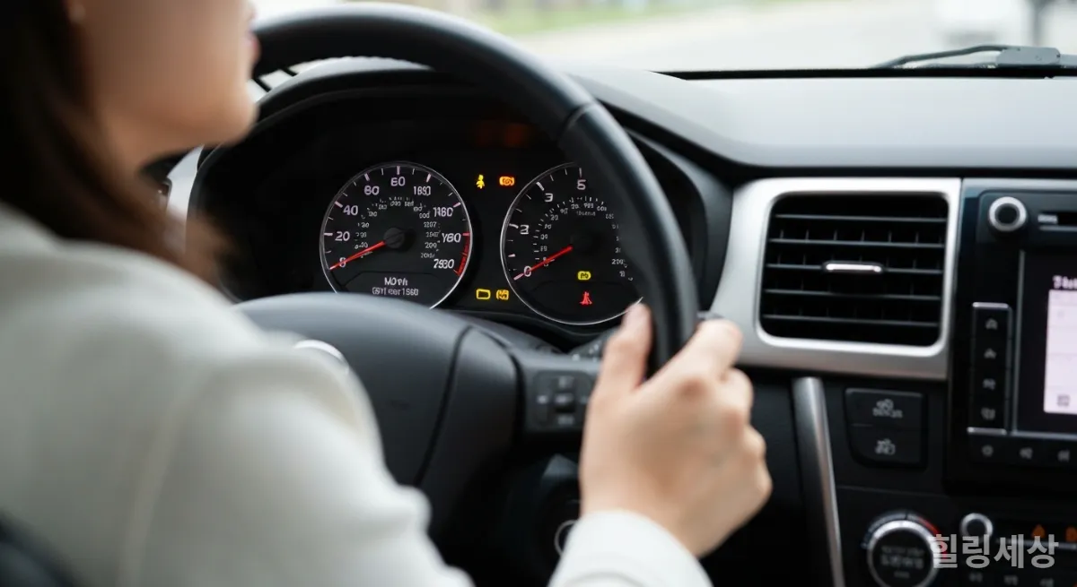 자동차 계기판에 연료 경고등이 켜진 모습