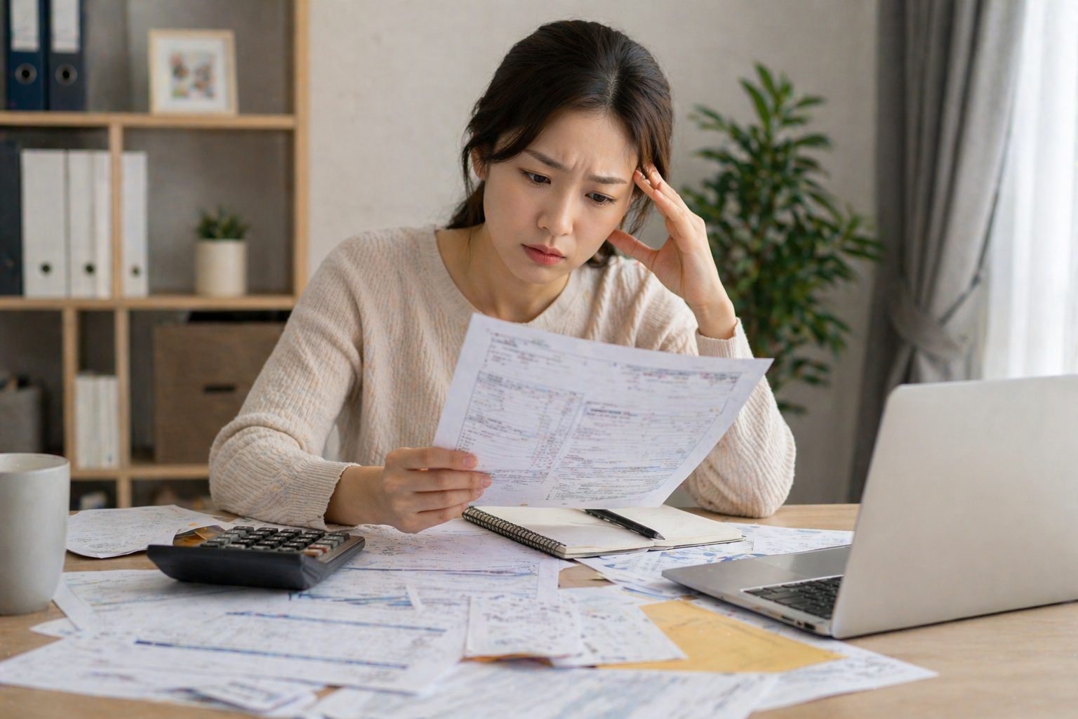 근로장려금 심사 서류를 확인하며 고민하는 여성과 계산기 노트가 놓인 장면