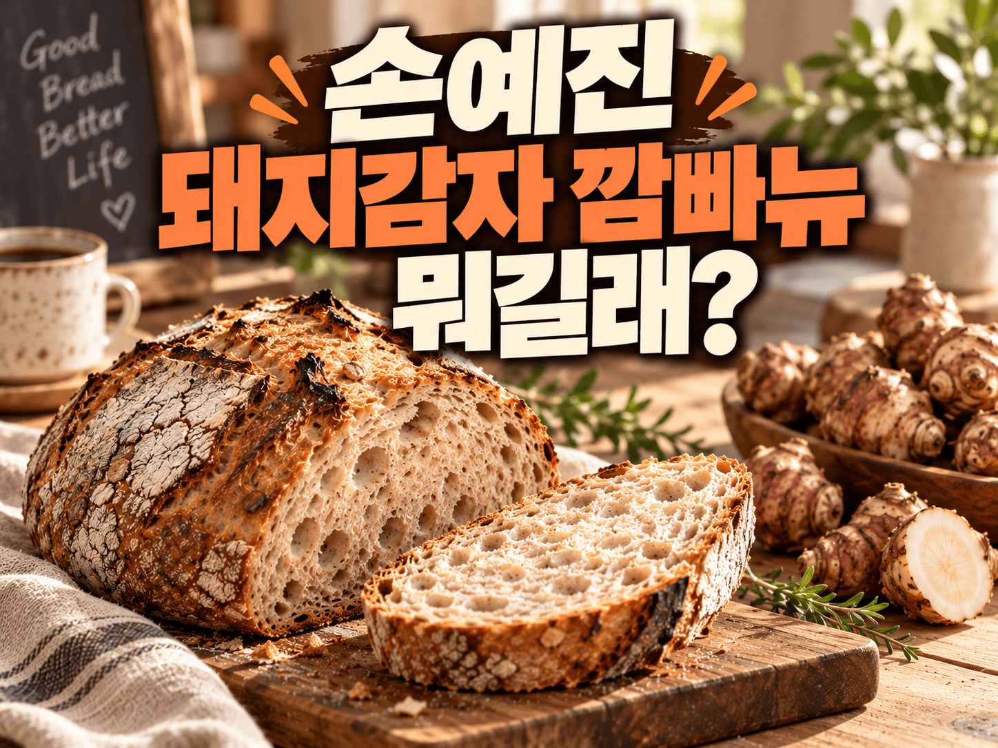 둥근 깜빠뉴와 돼지감자를 나무 테이블 위에 함께 놓은 모습