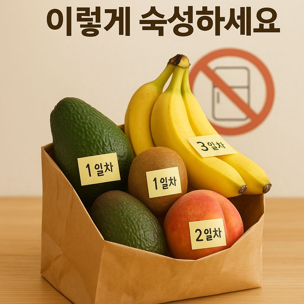 종이백에 담긴 후숙 과일 – 아보카도, 바나나, 키위, 복숭아가 각기 다른 숙성일자 포스트잇과 함께 놓여 있으며, 냉장보관 금지 아이콘이 배경에 보인다